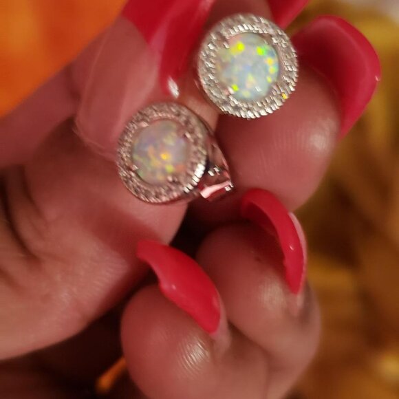 Neiman Marcus  Rose Gold Plated Plated Created Opal Halo Earrings - Picture 2 of 4